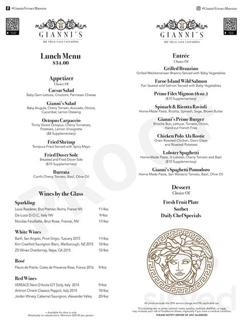 versace hotel restaurant menu|gianni's at the former versace.